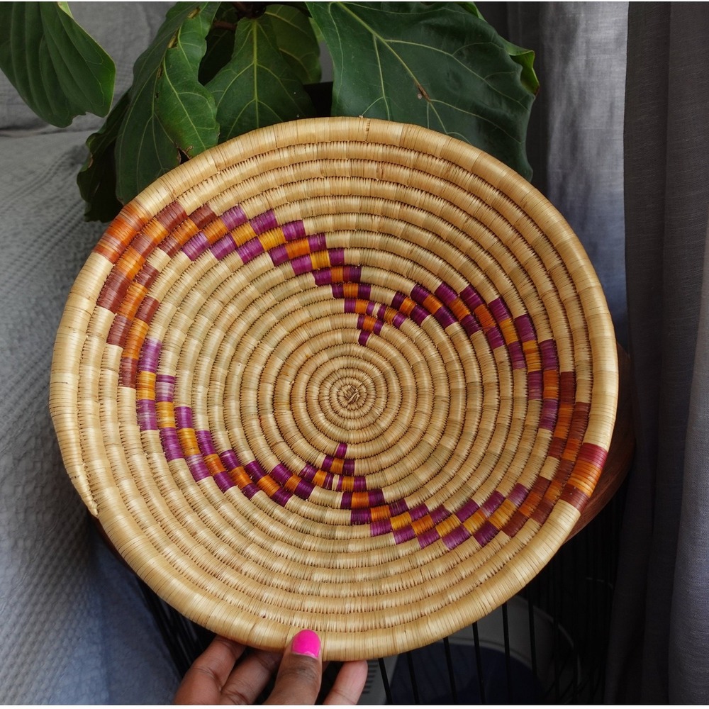 Handcrafted Woven Sweetgrass Basket Bowl 12x5 Purple Orange Geometric Boho Decor